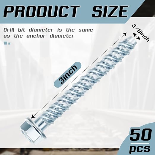 50 Pcs 3/8 x 3 Zinc Plated Concrete Anchors Masonry Screws Heavy Duty Carbon - Image 2