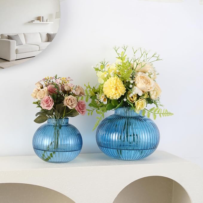 Blue Glass Vases for Tulips, Flower Vases for Bouquet, Ribbed Glass Vase for - Image 4