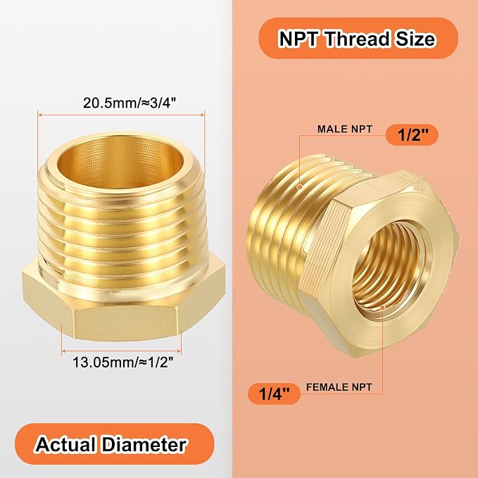 6 Packs Male to FeMale Adapters, 1/2" Male NPT x 1/4" FeMale NPT Brass Hex - Image 2
