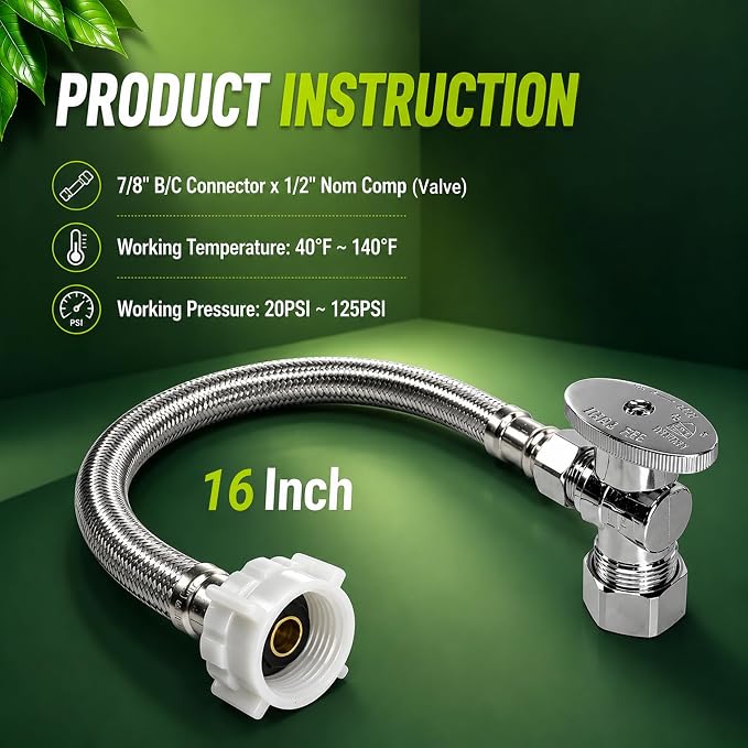 TTFLEX 16" Toilet Water Supply Line Kit 3/8" COMP x 7/8" BC Toilet Hose | - Image 5