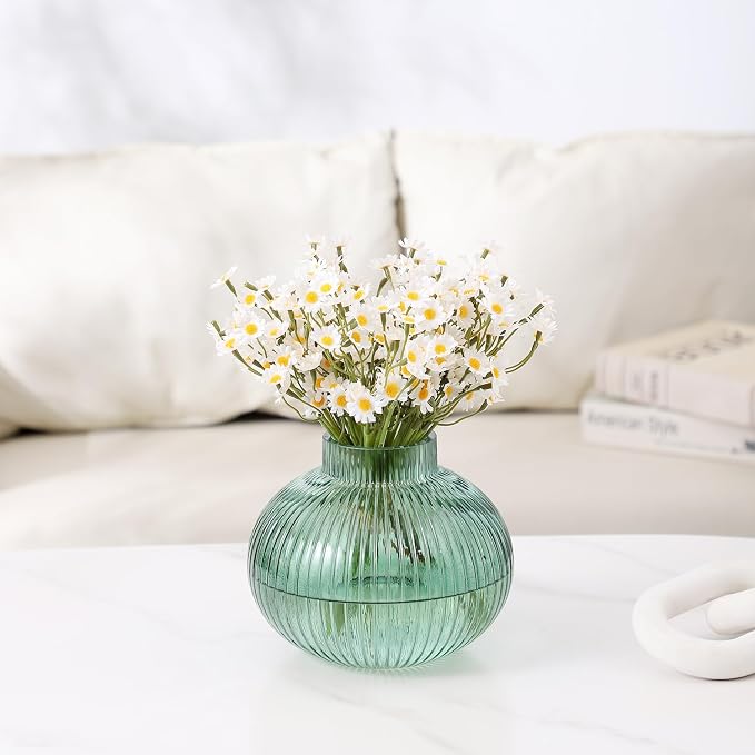 Green Glass Vase for Tulips, Ribbed Glass Vase for Flowers, Round Flower Vases - Image 5