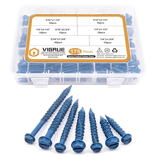 VIGRUE 175PCS Concrete Screws Assortment Kit 1/4" x 1-1/4" to 2-1/4" and 3/16" - Image 7