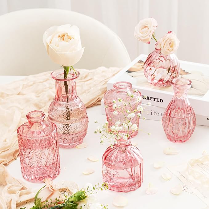 Clear Pink Glass Bud Vase Set of 14 Pcs, Small Bud Vases in Bulk, Glass Crystal - Image 5