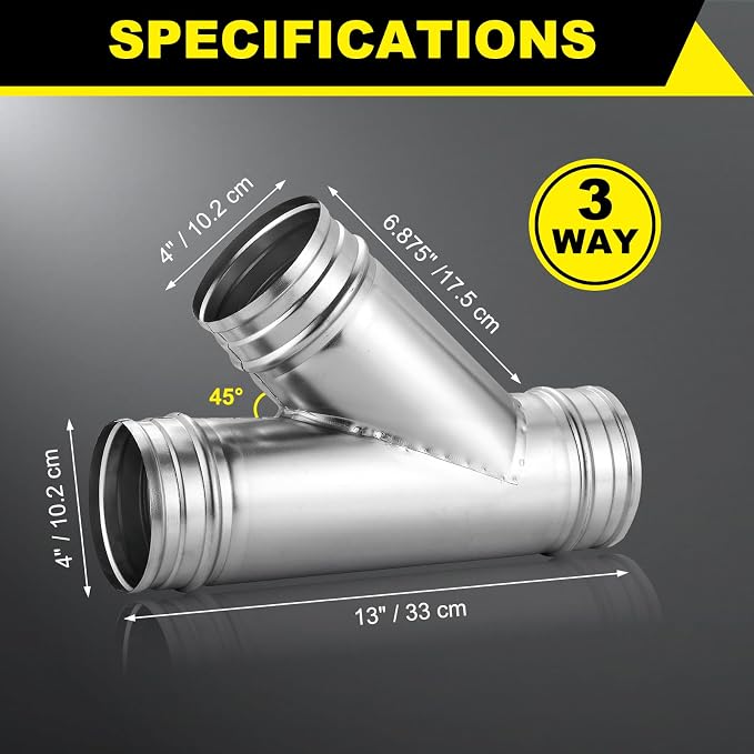 4" 3-Way Metal Duct Splitter – 45° Branch Air Vent Connector | 4 Inch HVAC Hose - Image 2