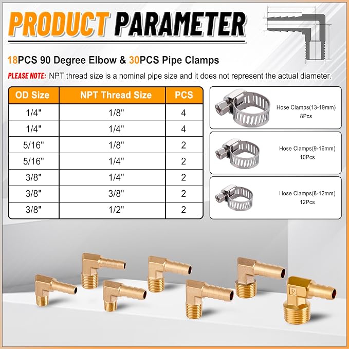 KOOTANS 18PCS Brass Hose Barb Fittings 90 Degree Elbow Barb to NPT Male Thread - Image 3
