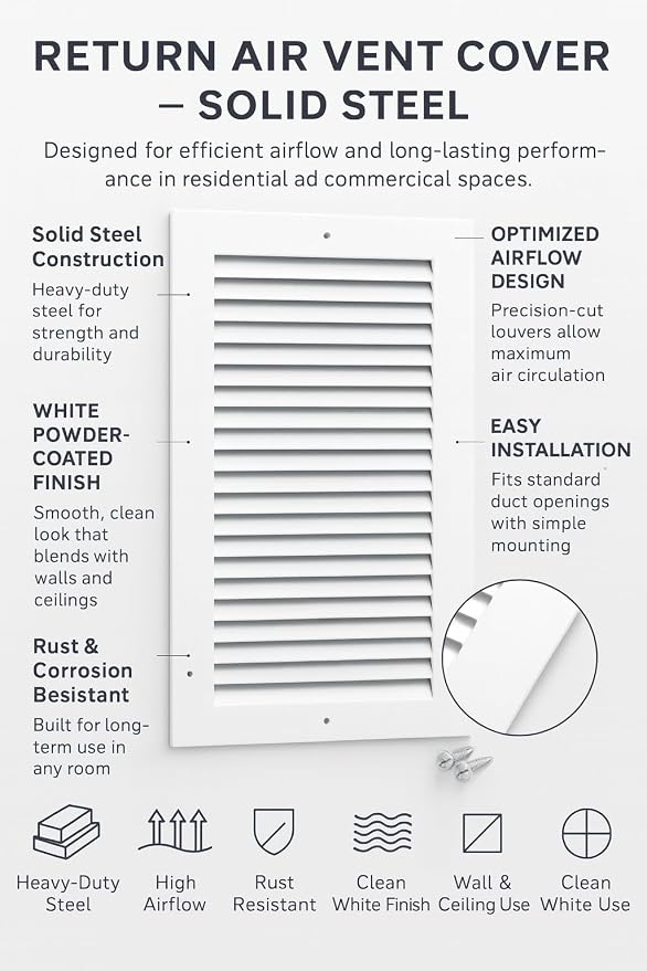 10 x 8 Inch Return Air Vent Cover, Solid Steel HVAC Grille - Image 3