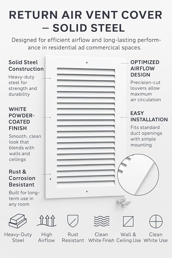 6 x 10 Inch Return Air Vent Cover, Solid Steel HVAC Grille - Image 4