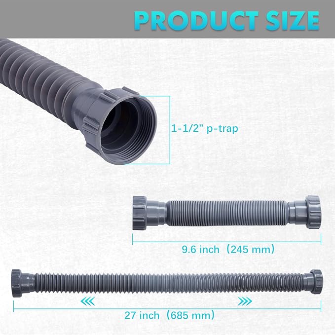 Sink Drain Kit with Expandable Flexible 9.6" to 27" P-trap, 1-1/2" or 1-1/4" - Image 2