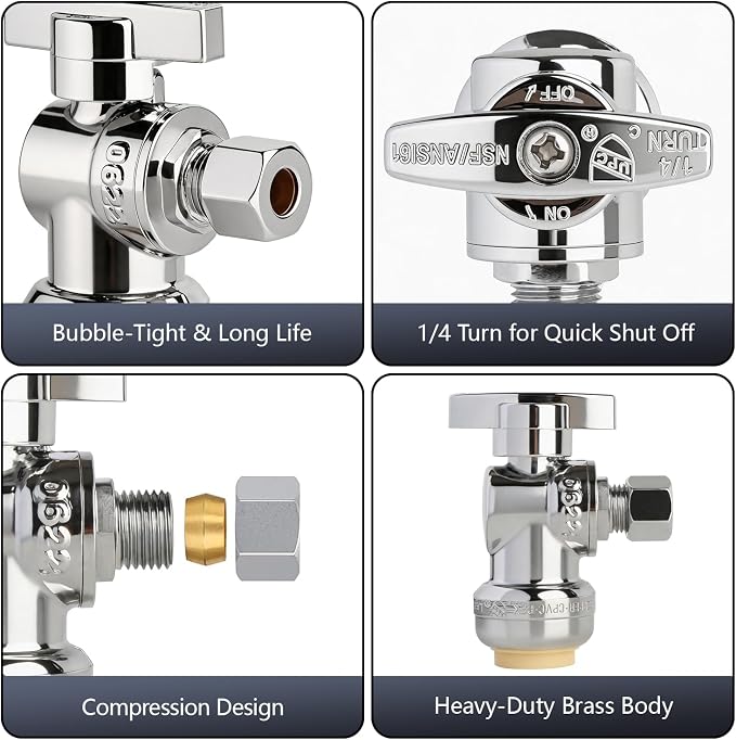 WiseWater Push to Connect Angle Stop Valve 1/2" Push x 1/4"OD | 1/4 Turn - Image 3