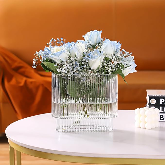 Ribbed Vase, Fluted Glass Vase for Flowers, Modern Vases for Living Room - Image 2