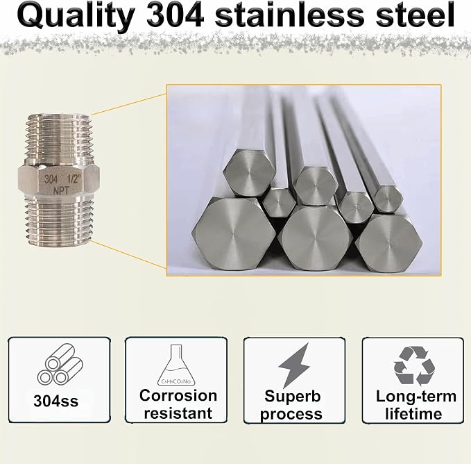 3/8" x 3/8" NPT Male Hex Nipple Pipe Fittings, Heavy Duty 304 Stainless Steel - Image 5