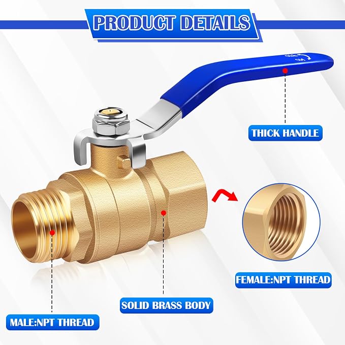 3/4 inch Full Port Ball Valve, 3/4'' Male to Female NPT Full Flow Control Valve - Image 2