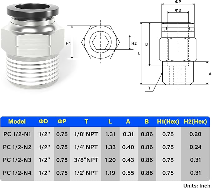 TAILONZ 1/2" Tube OD x 1/2" NPT Male Straight Push to Connect Fitting 5pcs | - Image 2