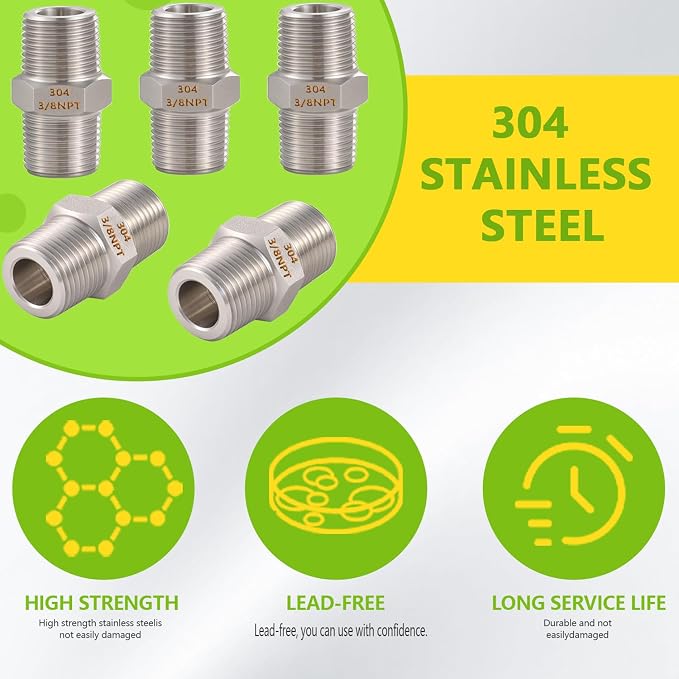 2PCS Hex Nipple 3/8" x 3/8" Male Pipe Fittings, 304 Stainless Steel 3/8 inch - Image 6