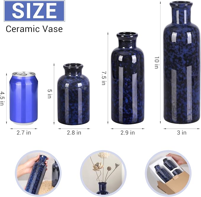 Small Blue Ceramic Vase Set of 3, Boho Modern Flower Vase Room Decor, Farmhouse - Image 2