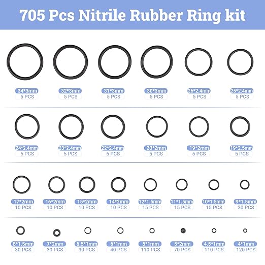 QKP 705Pcs O Ring Kit, 28 Sizes Metric Nitrile Black Rubber O Rings, Oil and - Image 2