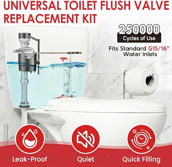 Universal Toilet Flush Valve Replacement Kit, Height Adjustable Fill Valve | - Image 2