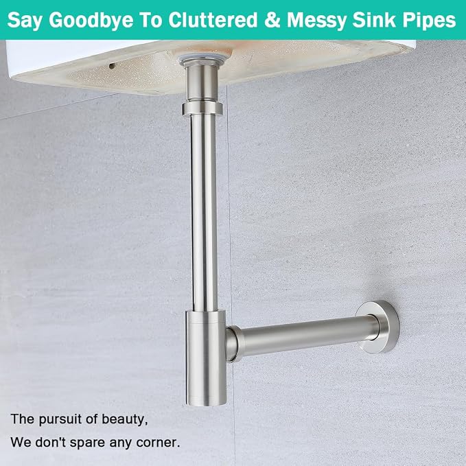 Brass Round Bottle P-Trap with Pop Up Drain Stopper, 1 1/4 Adjustable Basin - Image 3