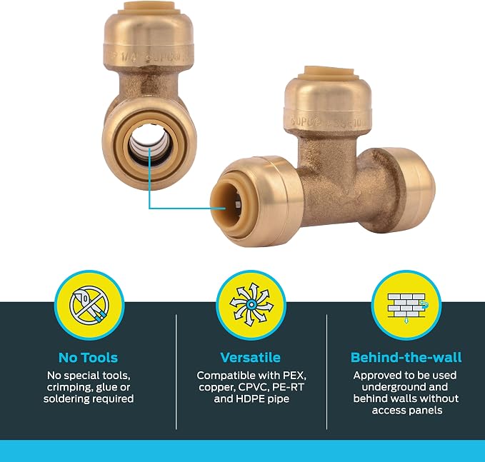 SharkBite 1/4 Inch Tee, Push to Connect Brass Plumbing Fitting, PEX Pipe - Image 3