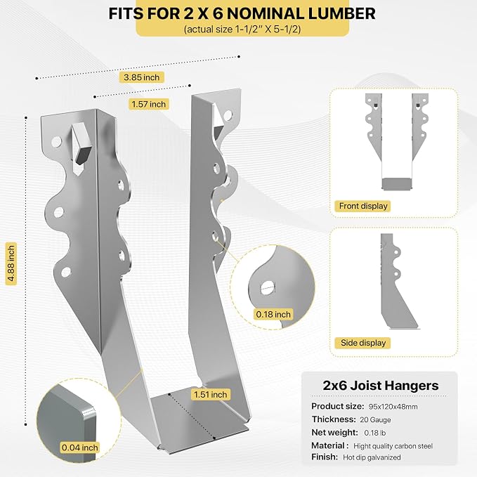 50 pcs 2x6 Joist Hanger, LU26 18 Gauge Double Shear Face Mount Joist Hanger - Image 2
