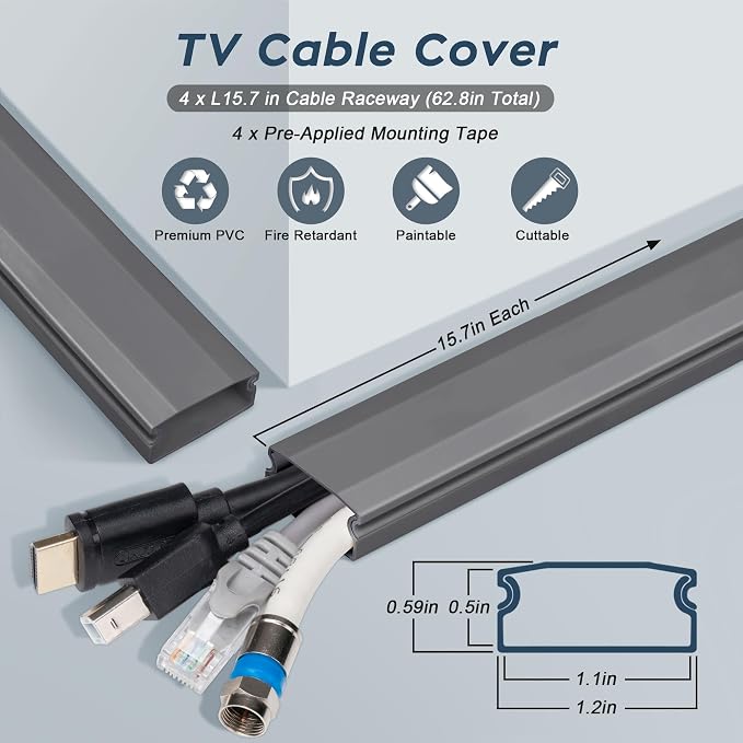 PVC Cord Hider Cable Management Wall, 62.8in TV Cable Hider | Paintable Cable - Image 2