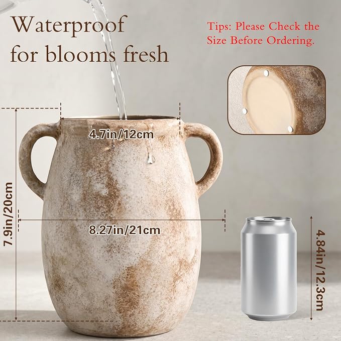Ceramic Flower Vase with Handles, 7.9in Farmhouse Table Rustic Vases, - Image 2