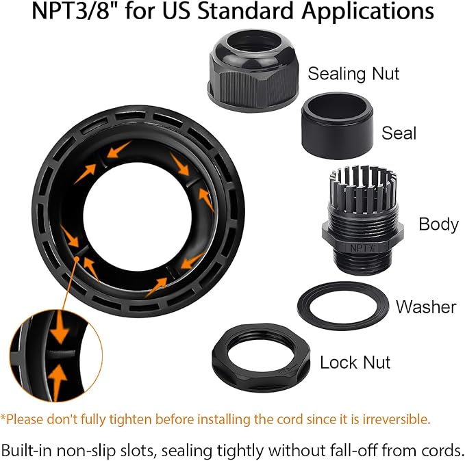 5 Pack NPT 3/8" Cable Glands Waterproof Adjustable 5-10mm Cable Connectors - Image 3