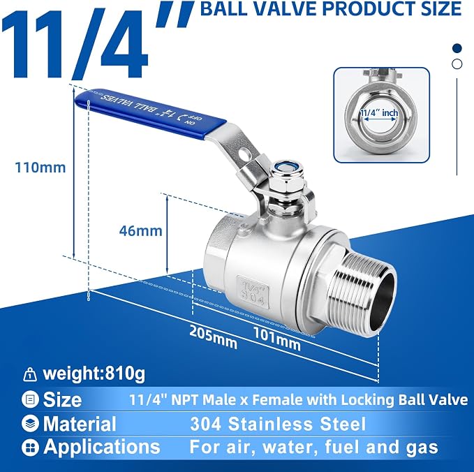 2 Pack 1.25" Full Port Ball Valve NPT Male x Female 304 Stainless Steel Heavy - Image 2
