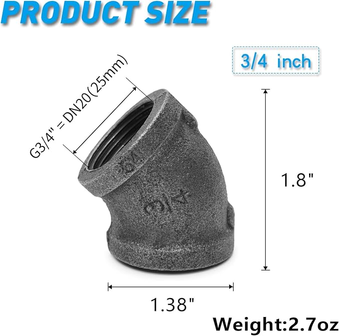 3/4" 45-degree elbow, Home TZH 30 Pack Female Threaded 45-degree Malleable Cast - Image 2
