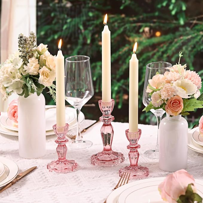 Pink Candlestick Holders Set of 6, Glass Taper Candle Holders | 4.3"H & 6.3"H - Image 6