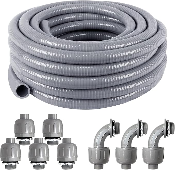 Liquid-Tight Conduit and Connector Kit 1/2 Inch 25 Ft | Flexible Non Metallic by ANSGERY
