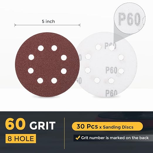 HARFINGTON 30 Pcs 5 Inch Sanding Discs 60 Grit Red Aluminum Oxide 8 Hole | Hook - Image 2