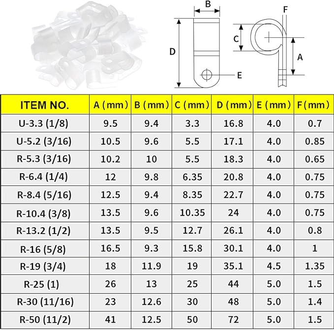 200Pcs White Nylon R-Type Cable Clamps, 3/16" Wire Clips | Nylon durable - Image 2