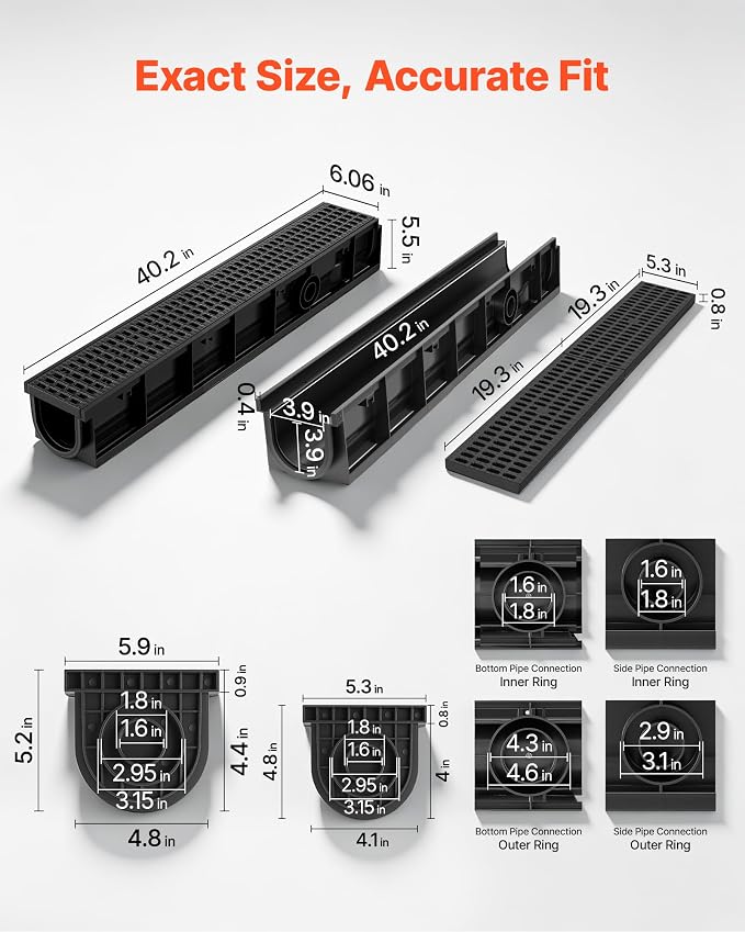 VEVOR Trench Drain, 40.2 x 6.06 x 5.5 in, 6 Pack Linear Drainage Channel - Image 2