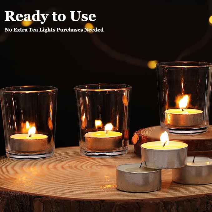 Letine 12-Pack Unscented Tea Light Candles & Glass Votive Holder, Long-Lasting - Image 4