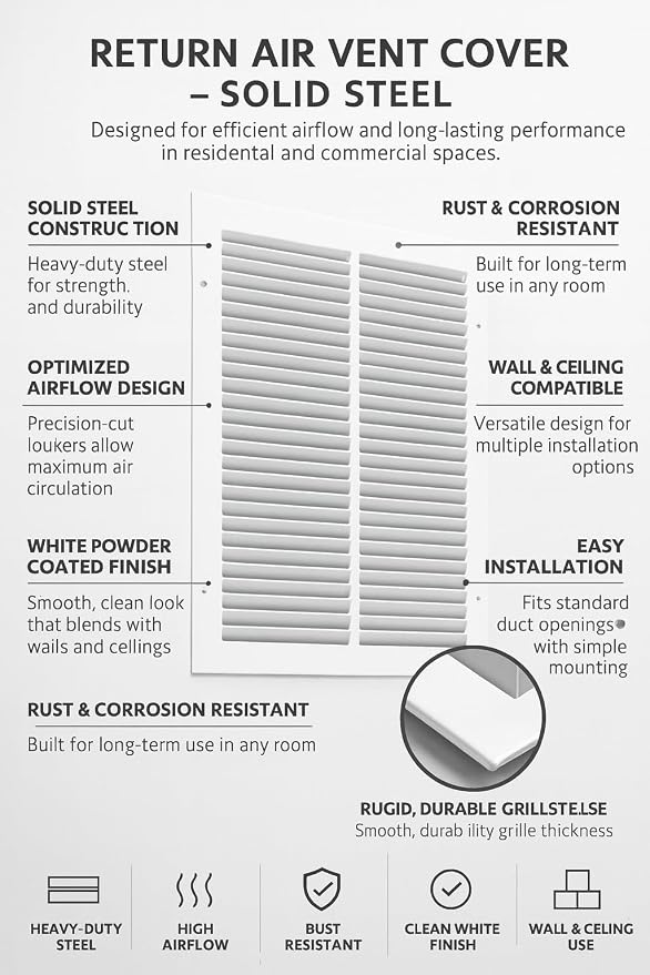 12x12 Air Return Vent Cover, Solid Steel White, 8 Pack - Image 5