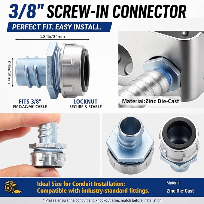 10 Pack 3/8 Inch Flex Connector Conduit Fitting Zinc Screw in Die Cast Emt - Image 2