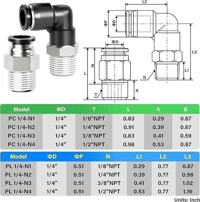 TAILONZ PNEUMATIC Elbow and Straight Combination 1/4 Inch Tube OD x 1/4 Inch - Image 2