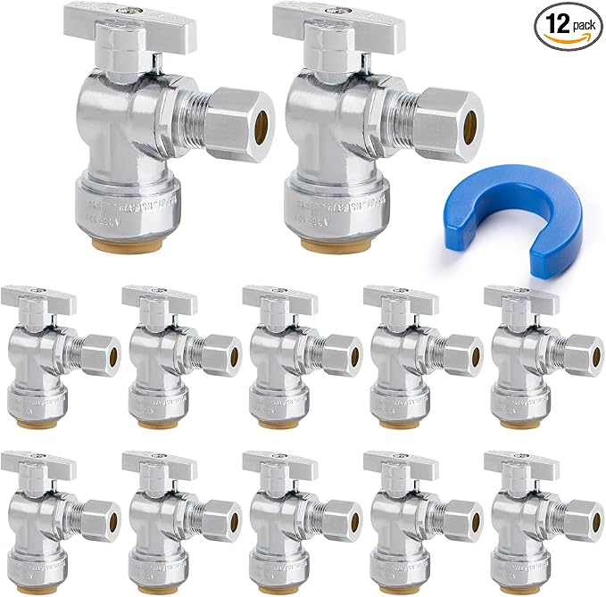 12 Pack Angle Stop Valve, 1/2" PTC x 3/8" OD Compression, Toilet Water Shut Off by KAINGA