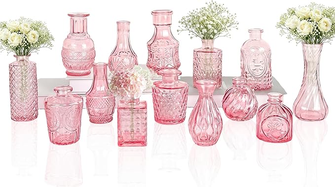 Clear Pink Glass Bud Vase Set of 14 Pcs, Small Bud Vases in Bulk, Glass Crystal by JXINDUJU