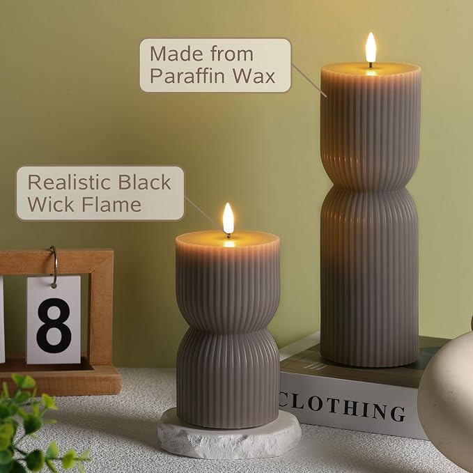Taupe Ribbed Flameless Pillar Candles - Image 5