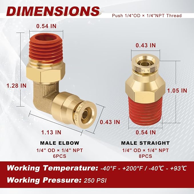 1/4" Tube x 1/4" NPT Male Straight & Elbow Brass Air Fittings Kit, 8 Straight + - Image 5