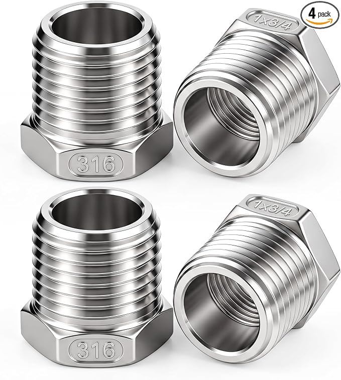 1" Mnpt to 3/4" Fnpt Male to Female 4 Pcs Hex Bushing Nipple Reducer, 316 by Otoolling