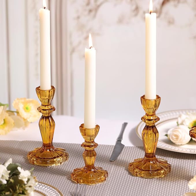Amber Candlestick Holders Set of 6, Glass Taper Candle Holders | 4.3" H & 6.3" H - Image 5