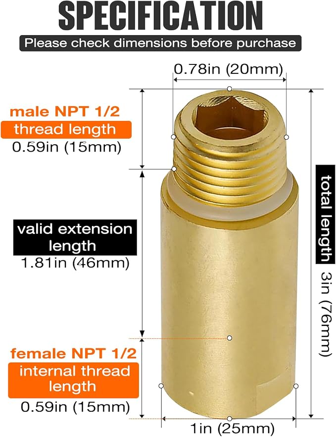 1/2 Inch NPT Brass Nipple Male to Female | Pipe Fitting Plumbing Extension - Image 2