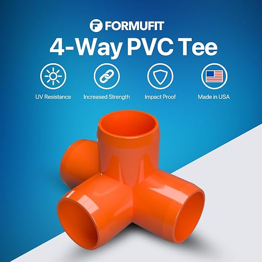 1” 4-Way Tee Furniture Grade PVC Fitting in Orange, Made in USA, UV-Resistant - Image 2