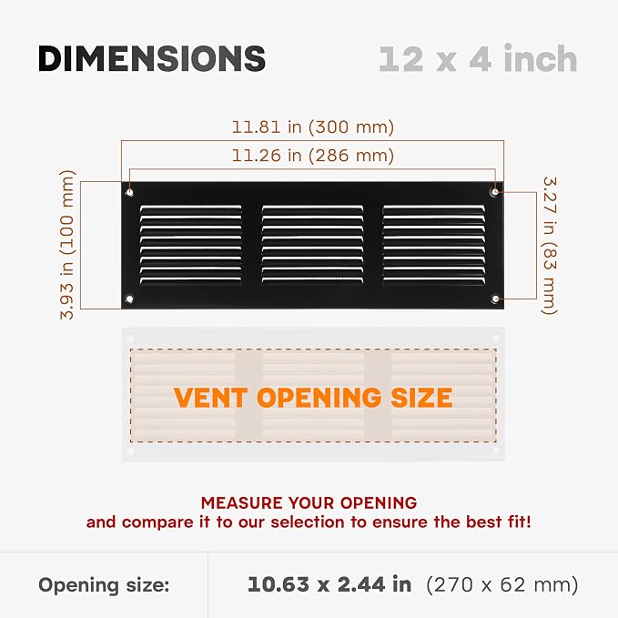 12 x 4 Inch Black Galvanized Steel Return Air Register Vent Cover, AC Vent Cover - Image 2
