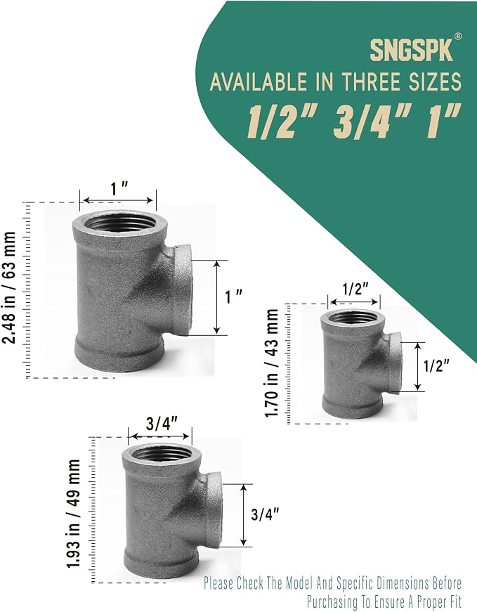 Black Cast Iron Tee Fitting 1/2" Female Thread, 3 Way Industrial Pipe Connector - Image 5