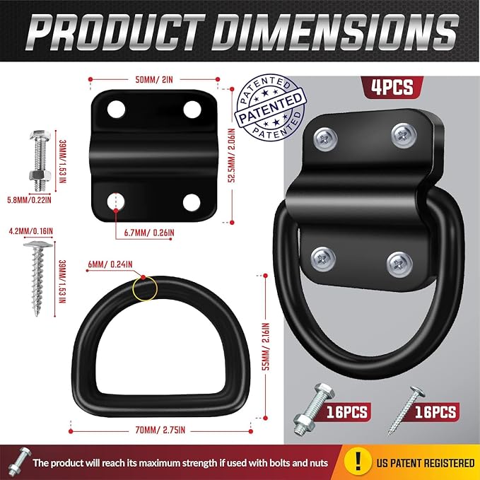 PAMAZY 4PCS 3500lbs Heavy-Duty Steel D-Rings Tie-Down Anchors Ultra-Durable | - Image 3