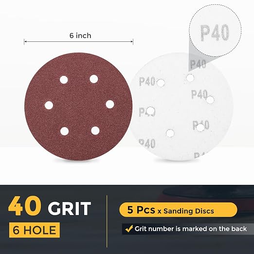 HARFINGTON 5 Pcs 6 Inch Sanding Discs 40 Grit Red Aluminum Oxide 6 Hole | Hook - Image 2
